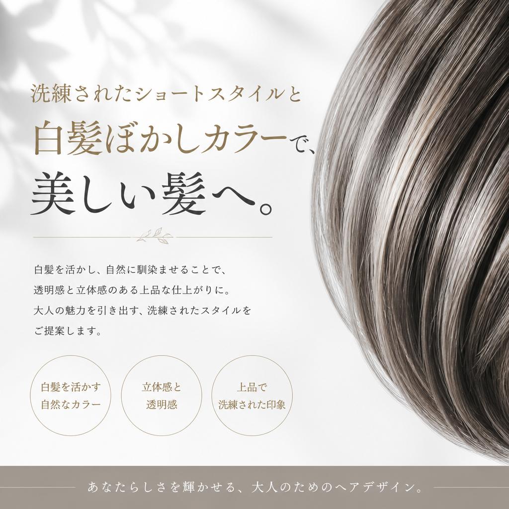 洗練されたショートスタイルと白髪ぼかしカラーで、美しい髪へ。