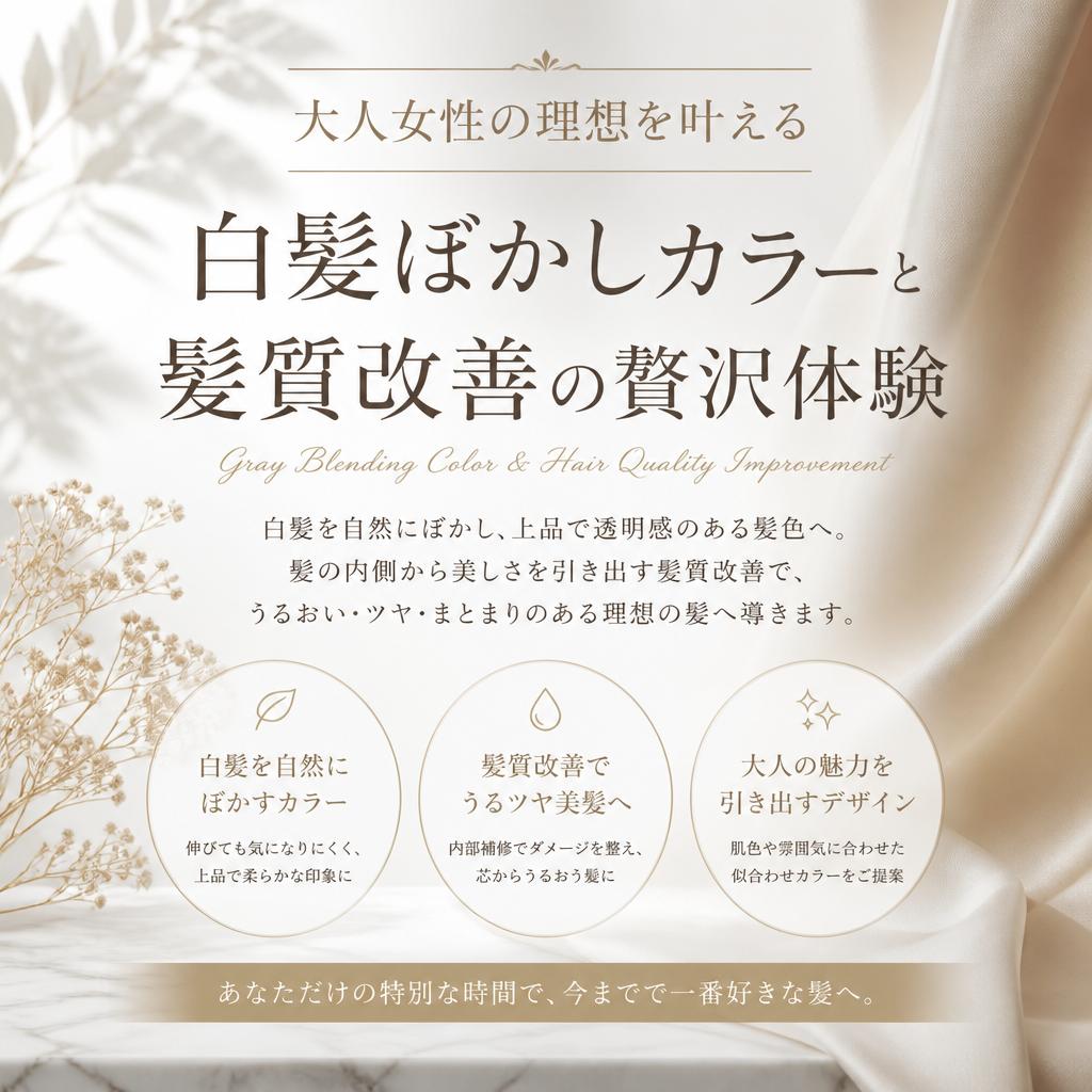 大人女性の理想を叶える<br>白髪ぼかしカラーと髪質改善の贅沢体験
