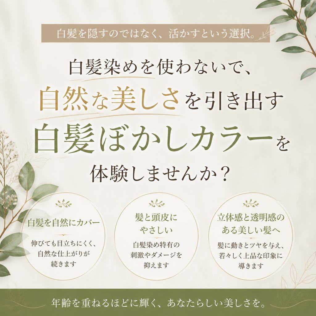 白髪染めを使わないで、自然な美しさを引き出す白髪ぼかしカラーを体験しませんか？