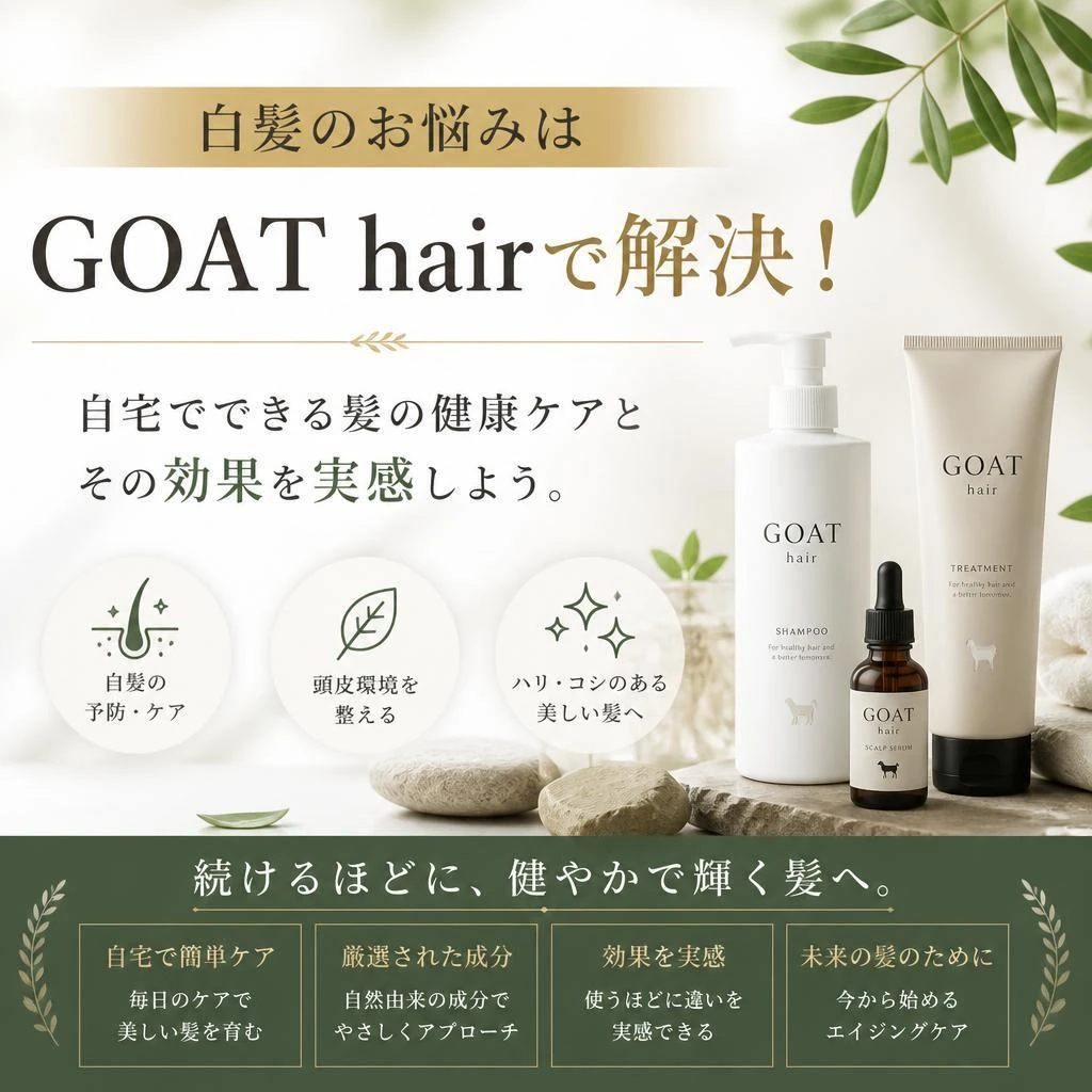 白髪のお悩みはGOAT hairで解決！自宅でできる髪の健康ケアとその効果を実感しよう。