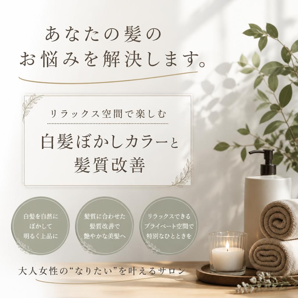 あなたの髪のお悩みを解決します。リラックス空間で楽しむ白髪ぼかしカラーと髪質改善