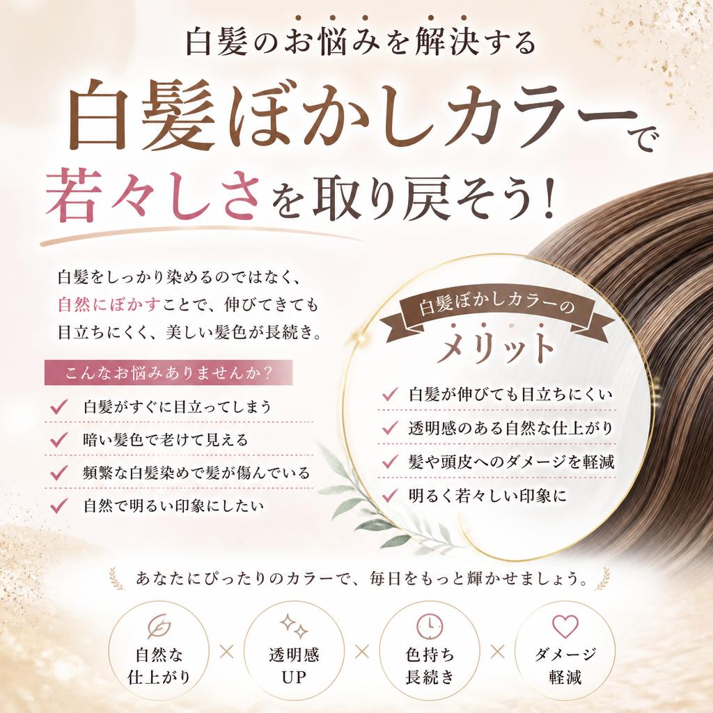 白髪のお悩みを解決する、白髪ぼかしカラーで若々しさを取り戻そう！